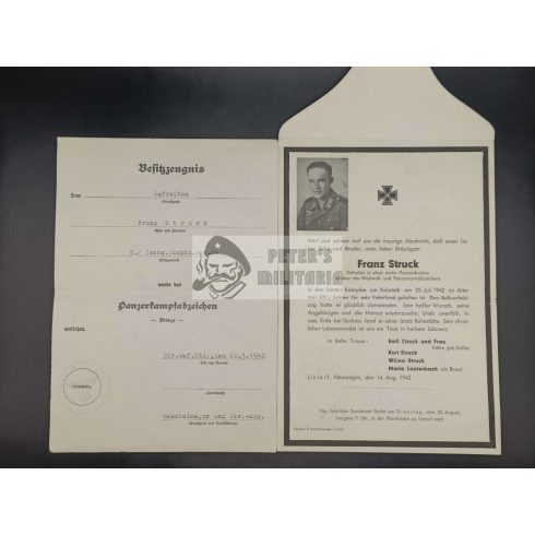 Panzer Assault Badge award doc with death card
