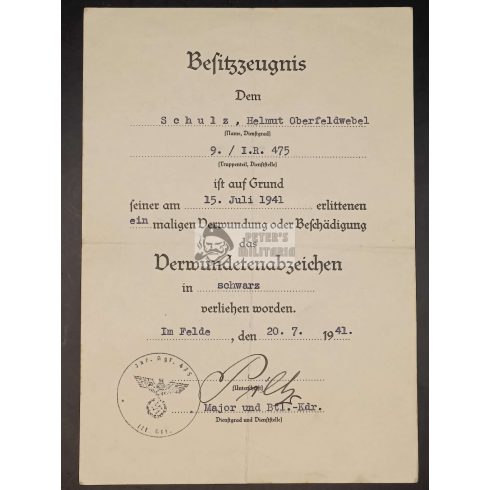 Black Wound Badge award document - 475 ID