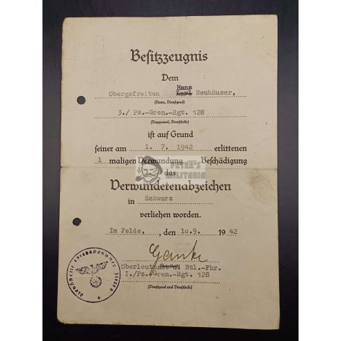 Black Wound Badge award document - Panzer Grenadier