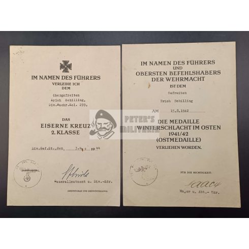 Iron Cross and Eastern front award document - Erich Schilling