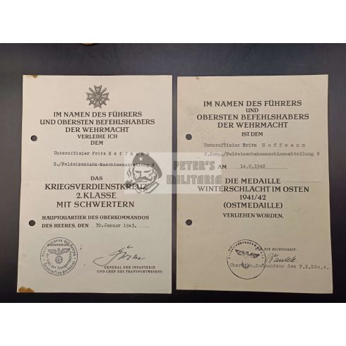 War merit corss and Eastern Front award document - Fritz Hoffmann 