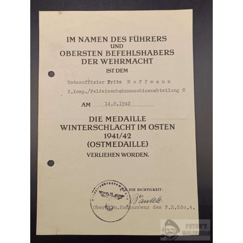 Háborús Érdemkereszt és Keleti Front medál adományozó - Fritz Hoffmann 