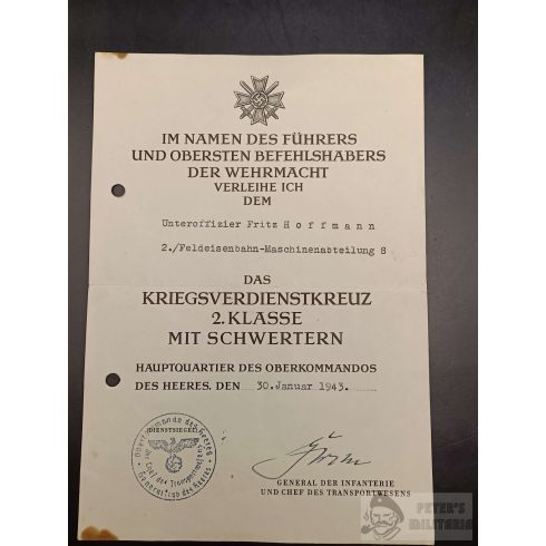 Háborús Érdemkereszt és Keleti Front medál adományozó - Fritz Hoffmann 