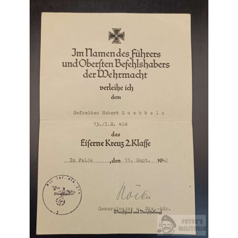 Vaskereszt II. osztály adományozó, fotókkal - GOEBBELS