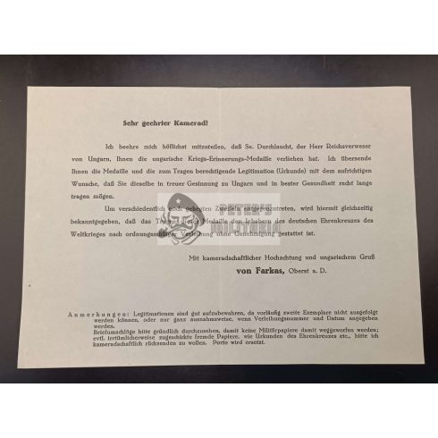 Hungarian War Commemorative Medal award letter in German