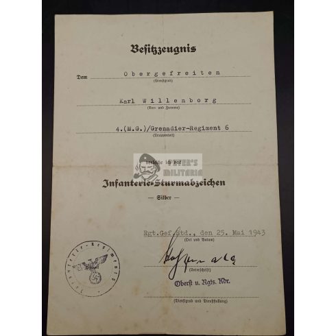 Hat kitüntetés adományozó egy személyhez - Karl Willenborg gránátos