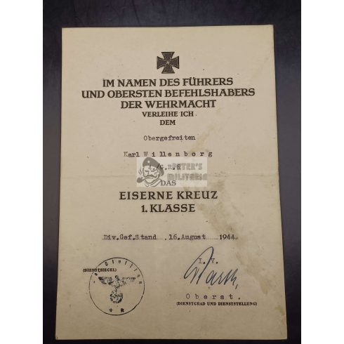 Hat kitüntetés adományozó egy személyhez - Karl Willenborg gránátos