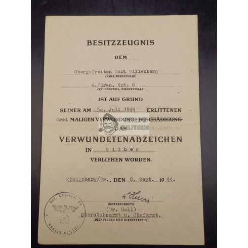 Hat kitüntetés adományozó egy személyhez - Karl Willenborg gránátos