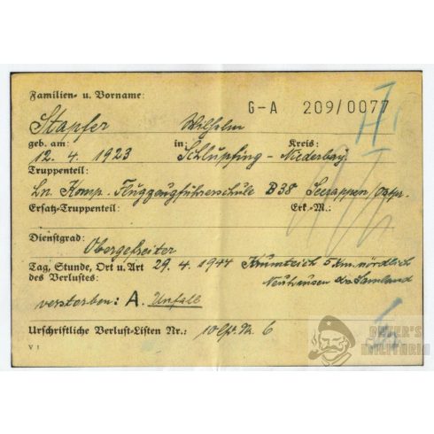Luftwaffe fedélzeti rádiós halálozási értesítő 