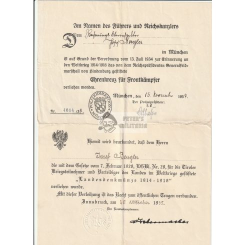 I. világháborús papír hagyaték - 8 kitüntetés adományozó