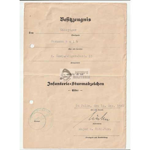 Gyalogsági Rohamjelvény adományozó - Jäger Btl. 13.