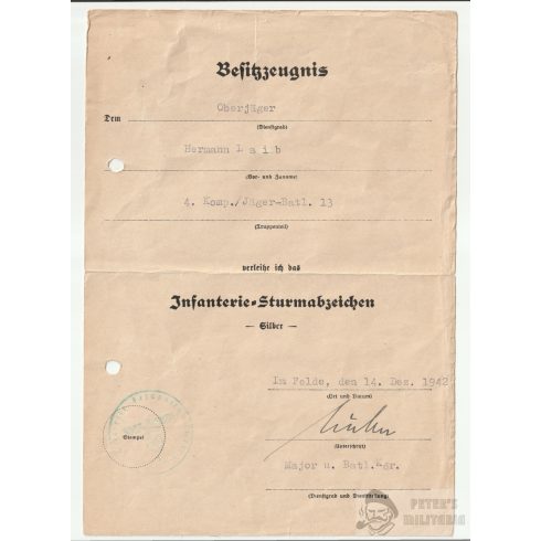 Gyalogsági Rohamjelvény adományozó - Jäger Btl. 13.