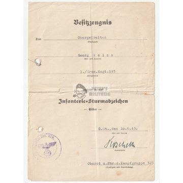   Gyalogsági Rohamjelvény adományozó - 593. Gránátos ezred 
