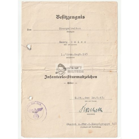 Gyalogsági Rohamjelvény adományozó - 593. Gránátos ezred 