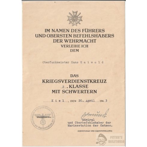 Háborús Érdemekereszt adományozó - Kriegsmarine, Kiel