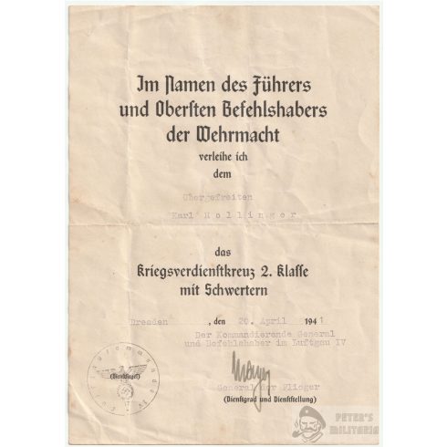 Háborús Érdemkereszt II. o. adományozó - Luftwaffe 1941