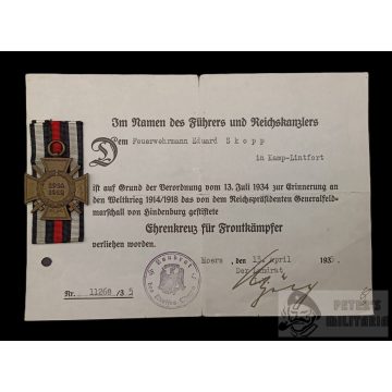   Hindenburg kereszt adományozóval - "Frontkämpfer" / Tűzoltó