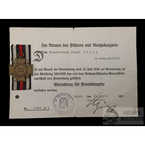 Hindenburg kereszt adományozóval - "Frontkämpfer" / Tűzoltó