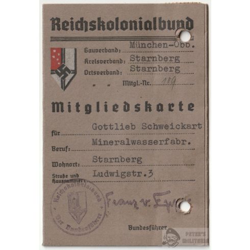 Reichskolonialbund tagsági igazolvány 