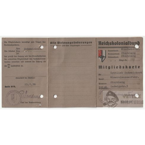 Reichskolonialbund tagsági igazolvány 