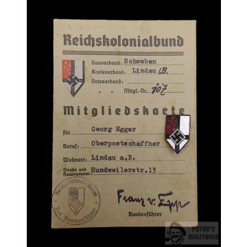 Reichskolonialbund tagsági igazolvány és tagási jelvény