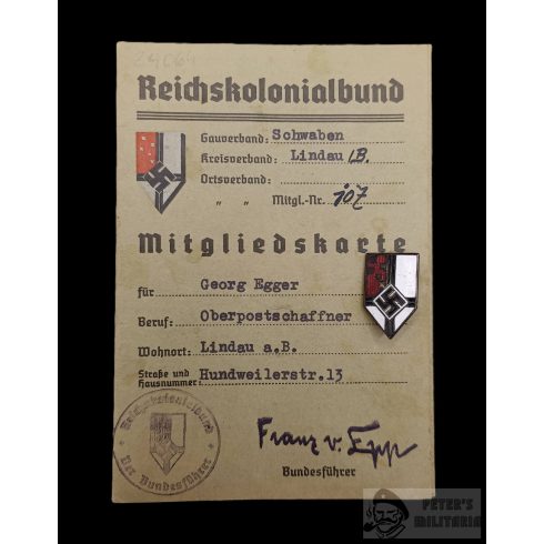 Reichskolonialbund tagsági igazolvány és tagási jelvény
