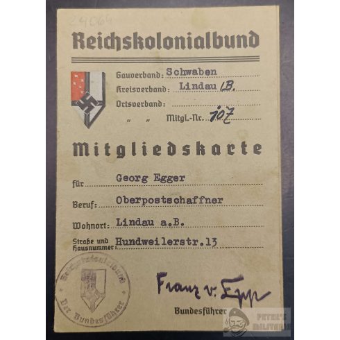 Reichskolonialbund tagsági igazolvány és tagási jelvény