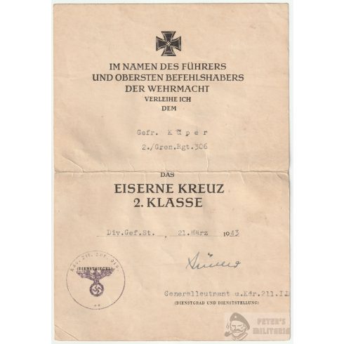 Vaskereszt II. osztály adományozó - 306. Gránátos ezred