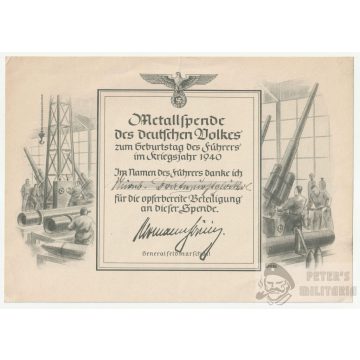 Metallspende 1940 emléklap 