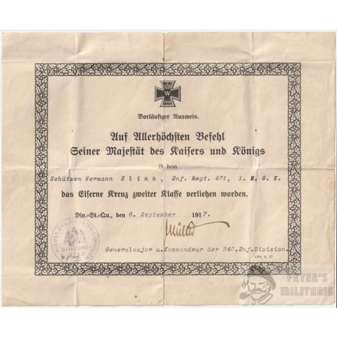 Vaskereszt II. osztály 1914 adományozó - 240. Porosz Gyaloghadosztály