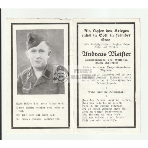 SS Panzer Grenadier Death Card - Meister