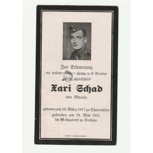 SS Deaht Card Dachau SS hospital  - Schad
