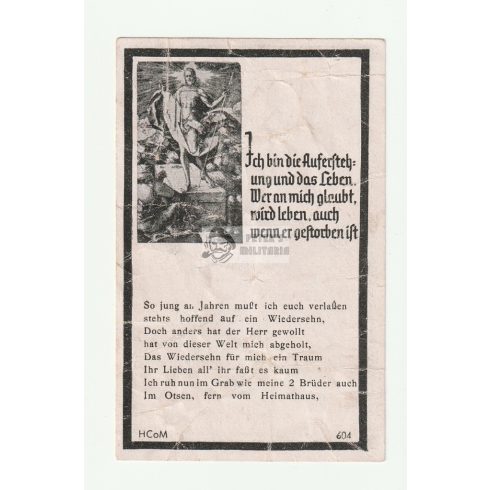 SS utász halálozási értesítő - Varsó 1944