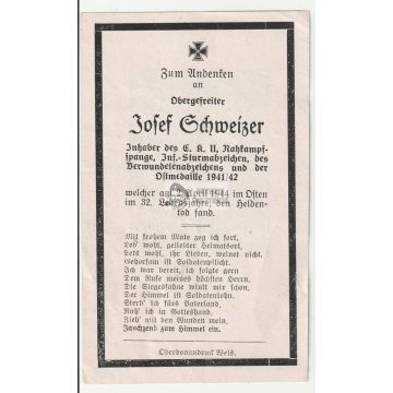 Közelharcpántos halálozási értesítő - Schweizer