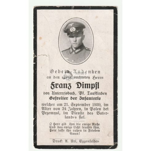 1939 September Death Card – Polish Campaign RARE.