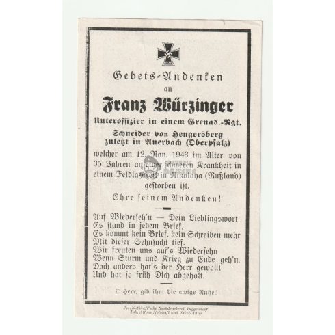 Rohamsisakos halálozási értesítő 1943