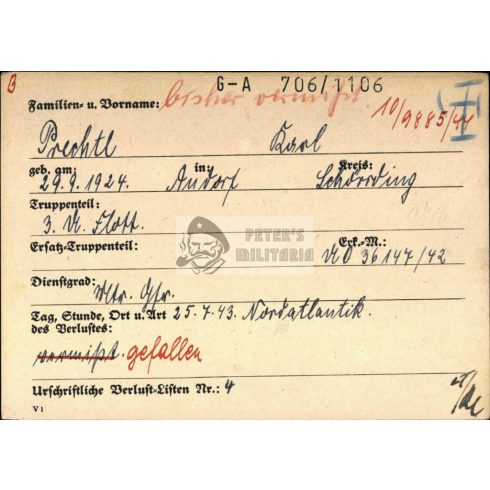 SS Polizei és Kriegsmarine Uboot matróz halálozási értesítő