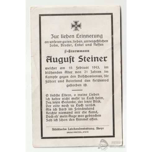 SS Sturmmann halálozási értesítő
