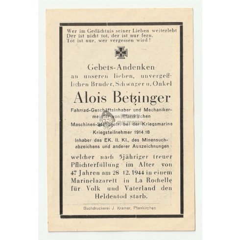 Kriegsmarine halálozási értesítő - Aknakutató, Vaskereszt 