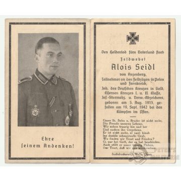   Wehrmacht Feldwebel halálozási értesítő Német Kereszt Arany fokozattal 