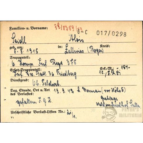 Wehrmacht Feldwebel halálozási értesítő Német Kereszt Arany fokozattal 