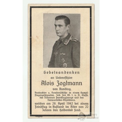 Luftwaffe bombázó halálozási értesítő Ezüst Frontrepülő pánttal