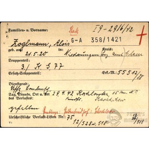 Luftwaffe bombázó halálozási értesítő Ezüst Frontrepülő pánttal
