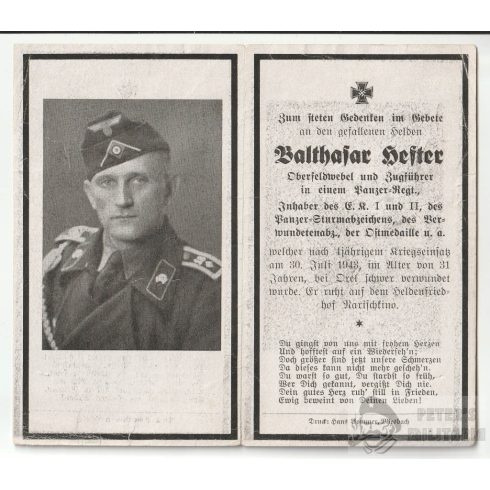 Panzer Oberfeldwebel halálozási értesítő