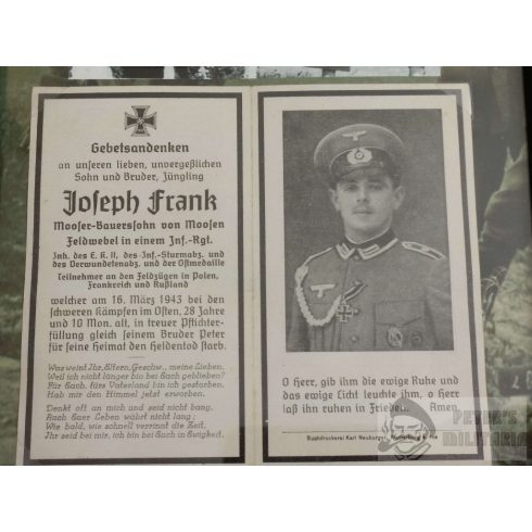 Sterbebild keretben Joseph Frank, Feldwebel