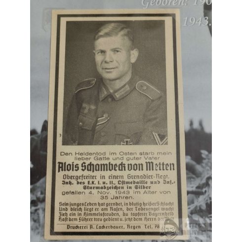 Sterbebild keretben Alois Schambeck von Metten