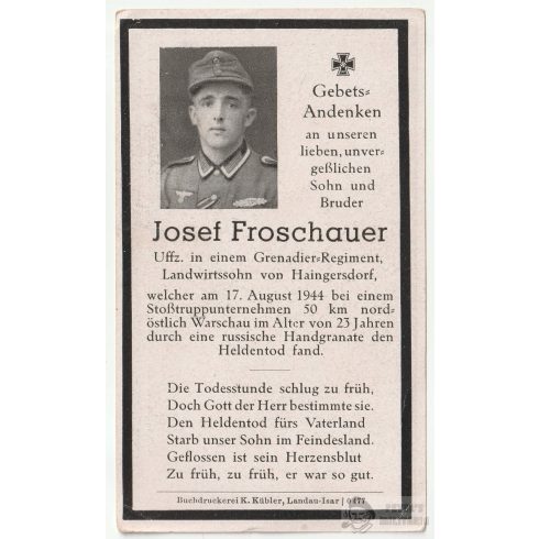 Közelharcpántos halálozási értesítő - 1944 Varsó