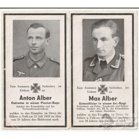 Utász, tüzér testvérpár halálozási értesítő - 1943.07.18-20.