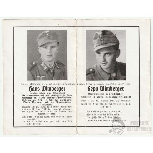 Gebirgsjäger testvérpár halálozási értesítő - 1942 & 1944