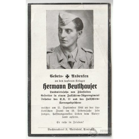 Fallschirmjäger halálozási értesítő 1944. Olaszország